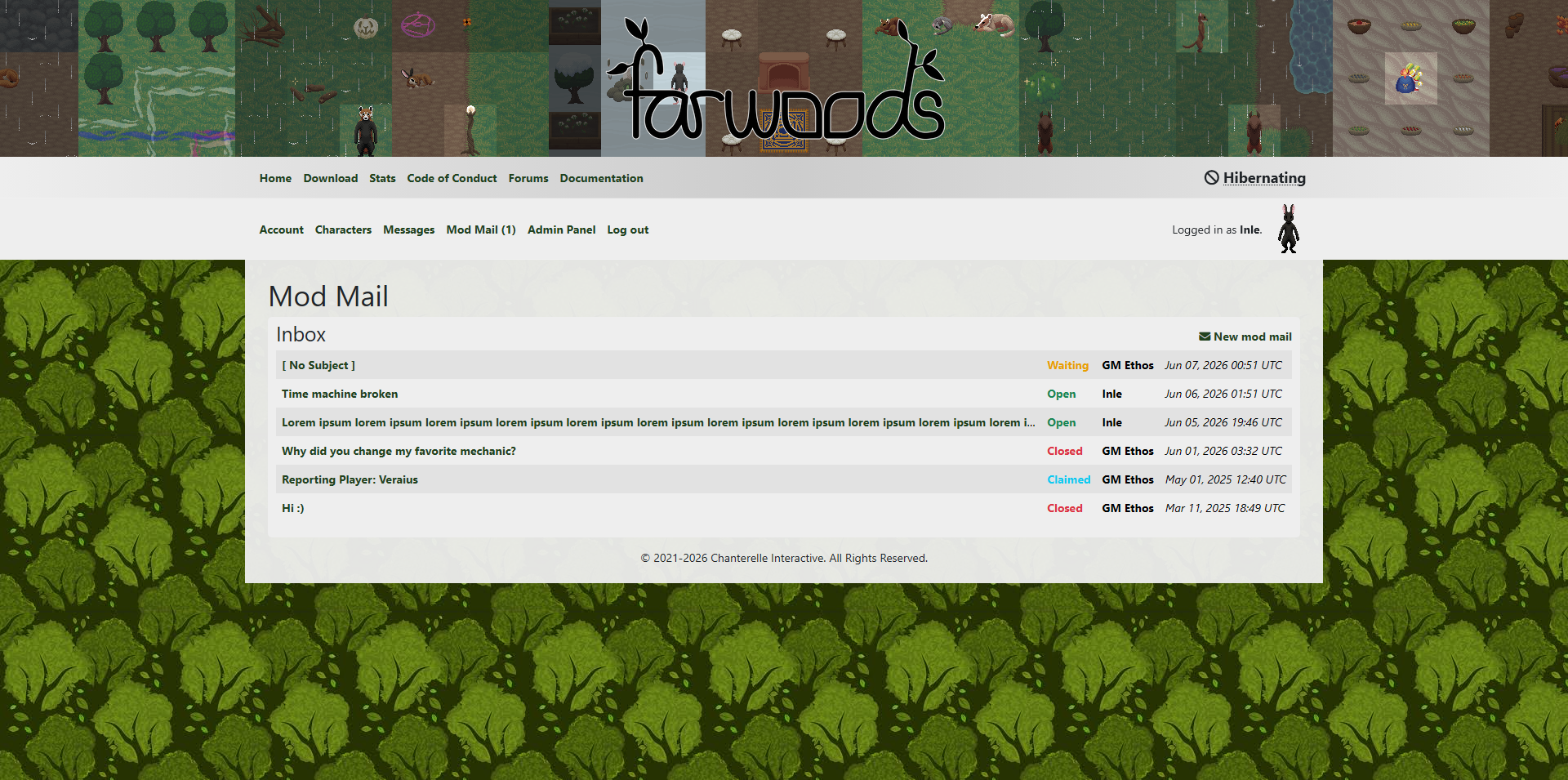 Mod mail inbox page with a list of mails in different statuses.