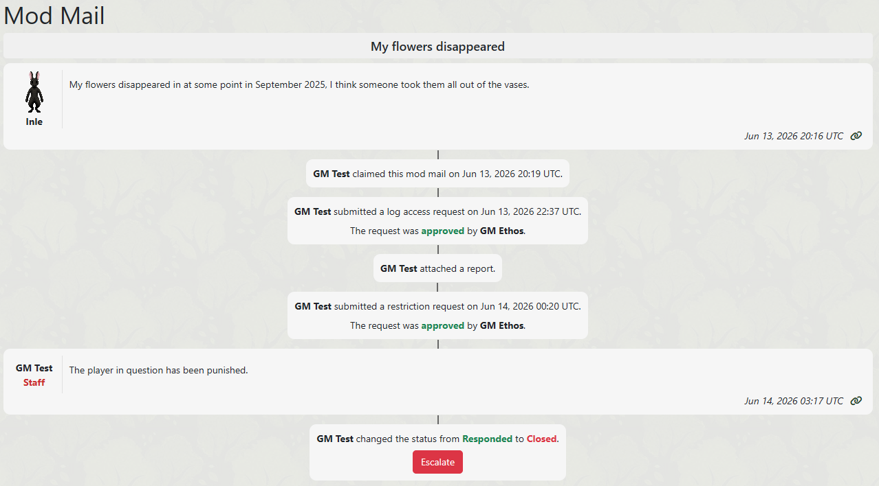 Mod mail showing resolution of a report with transparency auditing