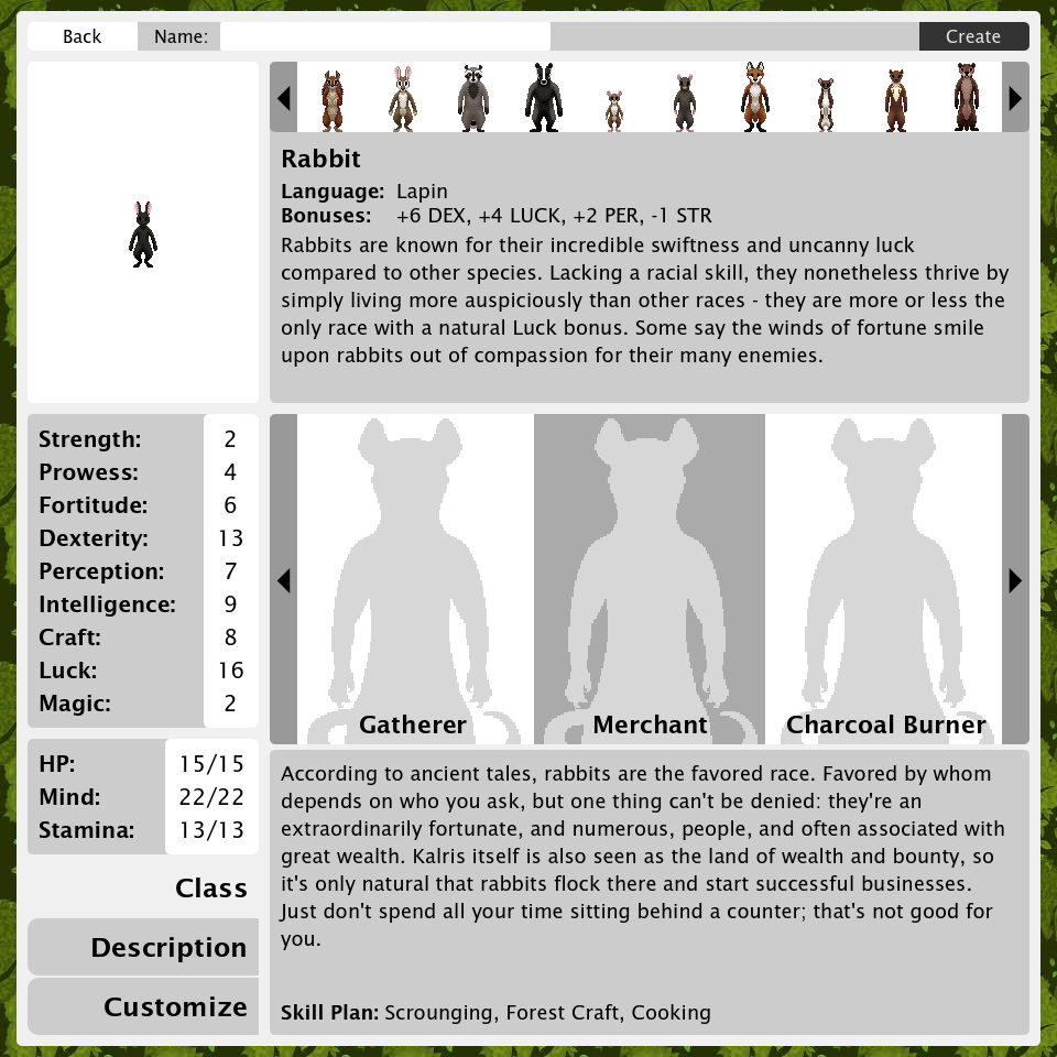 Screenshot of the new character creation menu.
